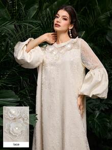 Al Najma 优雅女士连衣裙，采用3D提花、蕾丝拼接、提花和灯笼袖设计 - 杏色 - 查看 11