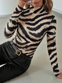 SHEIN Clasi Áo thun cổ cao in hình hổ dành cho nữ, thích hợp cho đi làm hàng ngày, đi chơi và tụ họp, mùa thu/đông. - Màu Khaki - Xem 5