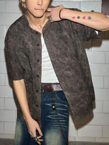 ROMWE MEN Street Life Men's Single-Breasted Short Sleeve Brown PU Shirt - Brown - View 6