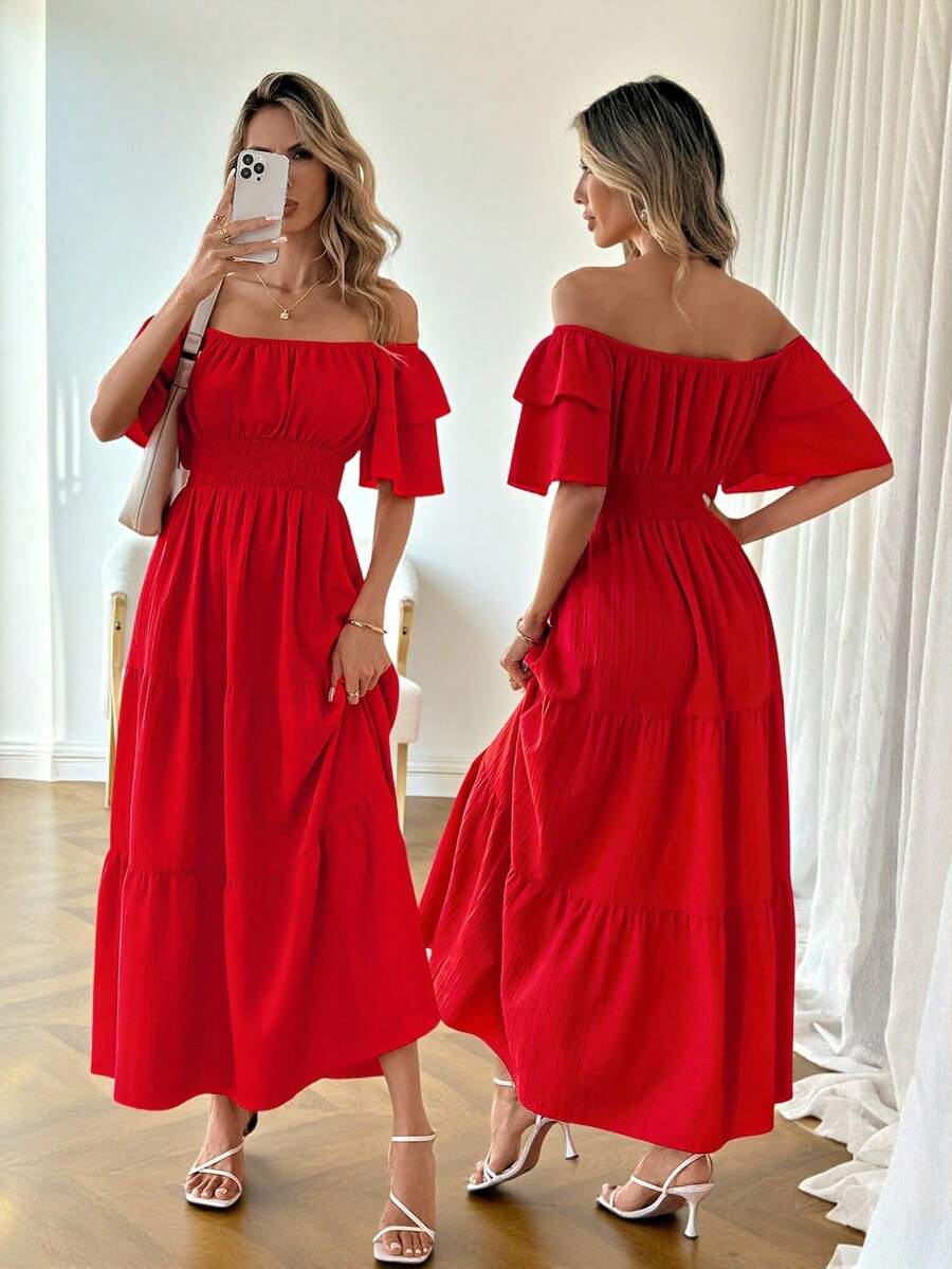 SHEIN LUNE 休闲女士露肩长裙，红色，适合情人节 - 紅色 - 查看 1
