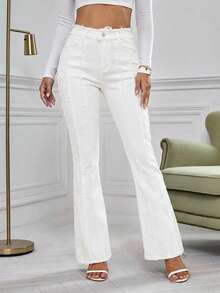 Selenza Quần jeans ống loe màu trơn, rách gấu, phong cách đường phố thường ngày dành cho nữ, thích hợp đi làm. - trắng - Xem 11