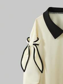Resyla Women's Casual Contrast Color Collar Tie Detail Sweatshirt, Autumn - Apricot - View 3