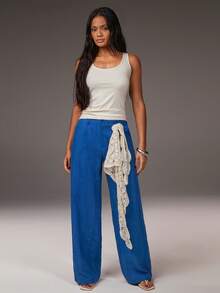 Athîral Women's Casual Blue Embroidered Wide Leg Pants, Suitable For Outings And Vacations - Blue - View 2