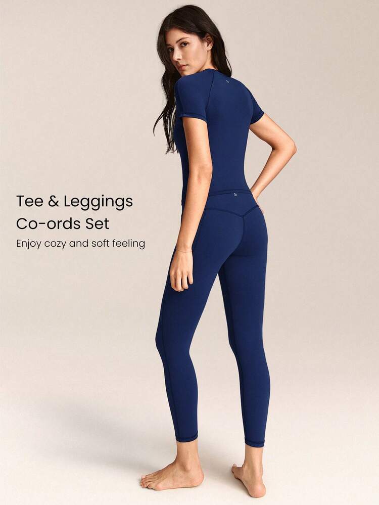 2 Pieces Everyday Glow Ultra-Soft Lightweight Stretchy Short-Sleeve Crew Neck Crop Top & FeatherFit™ Leggings Set Low Impact Daily Casual Street Wear