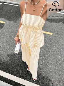 Siren Gaze Conjunto de 2 peças feminino listrado com babados na barra, composto por blusa regata e calça. - Amarelo - Ver 4