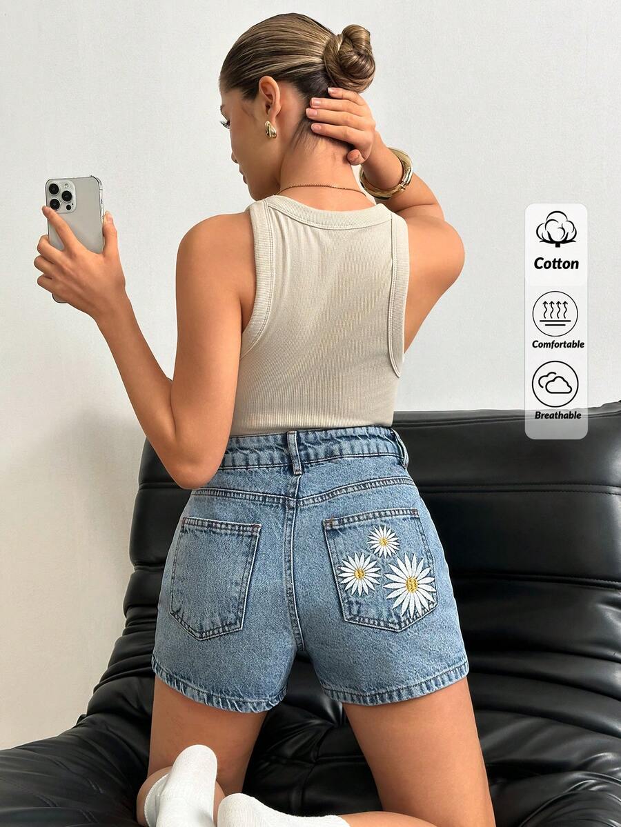 EURMUSE Women Floral Embroidered Denim Shorts Denim Short High Waist Daisy Dukes Short Jeans Short Outfits For Women - Medium Wash - View 1