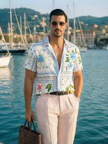 HIMLAND 男士休闲印花拼接短袖宽松衬衫，夏季度假风 - 彩色 - 查看 5