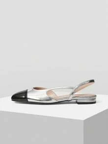MOTF SPRING AND SUMMER NEW SPLICING SMALL ROUND TOE WOMEN'S SHOES, SLINGBACK LOW VAMP FLAT SHOES WOMEN SPRING SHOES - Black Silver - View 3