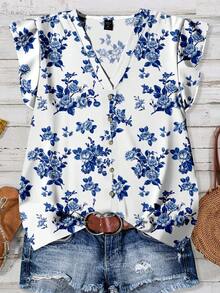 EMERY ROSE 大码蓝白碎花休闲衬衫，适合夏季穿着 - 彩色 - 查看 1