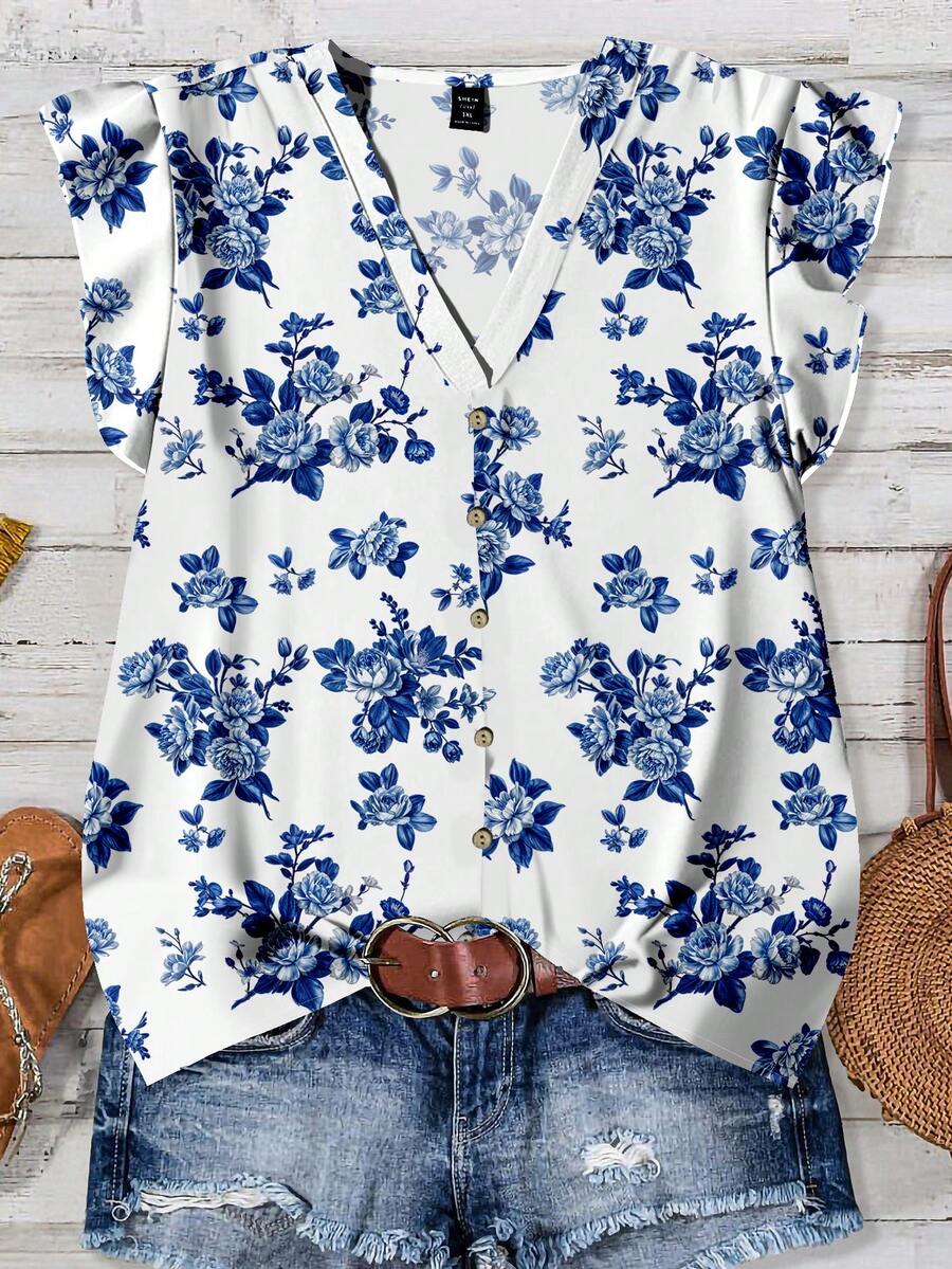 EMERY ROSE 大码蓝白碎花休闲衬衫，适合夏季穿着 - 彩色 - 查看 1