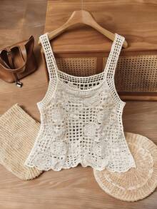 Selianne Blusa de unicolor, hueca, casual y versátil para uso diario, primavera/verano - Caqui - Ver 1