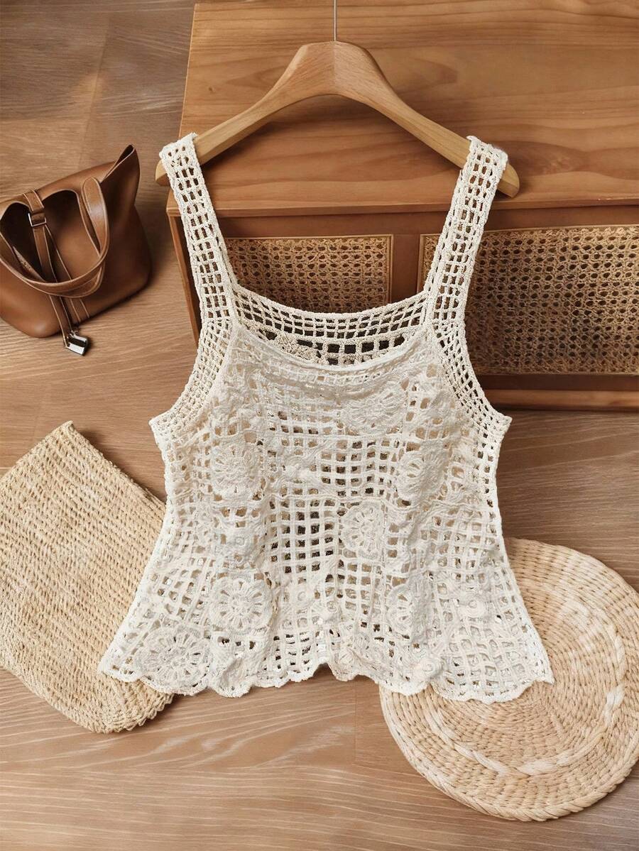 Selianne Blusa de unicolor, hueca, casual y versátil para uso diario, primavera/verano - Caqui - Ver 1