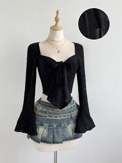 Elamini Camiseta de manga larga con cuello en forma de corazón, diseño fruncido en el frente y lazo para mujer