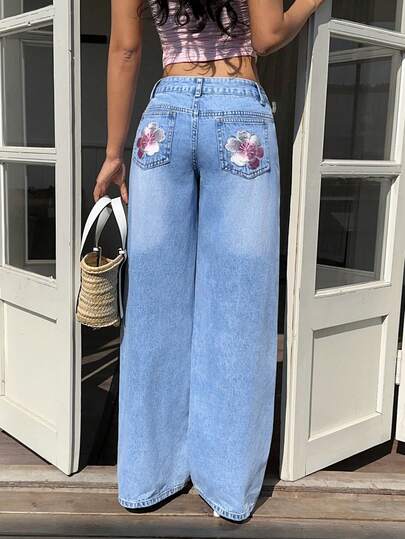 Sunnyshic Jeans droits amples à broderie florale décontracté pour femmes, convient pour les vacances et les sorties