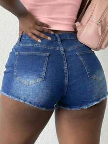 Slaydiva Große Größen Sommer Lässig Kreuz Applikation Denim Shorts - Blau - Übersicht 2