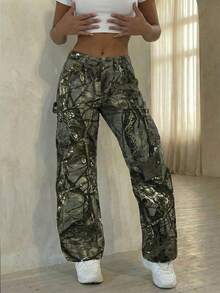 Slaydiva 女士树枝图案阔腿宽松休闲牛仔裤 - 彩色 - 查看 1