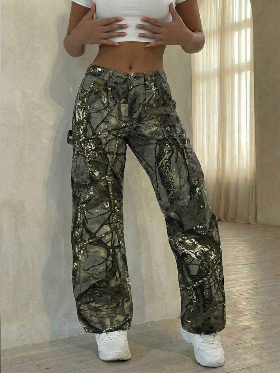 Slaydiva 女士树枝图案阔腿宽松休闲牛仔裤 - 彩色 - 查看 1