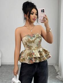 SHEIN Elenzya 女士优雅提花面料短款荷叶边抹胸上衣，休闲沙滩度假日常外出约会派对晚宴时尚性感百搭上衣 - 彩色 - 查看 5