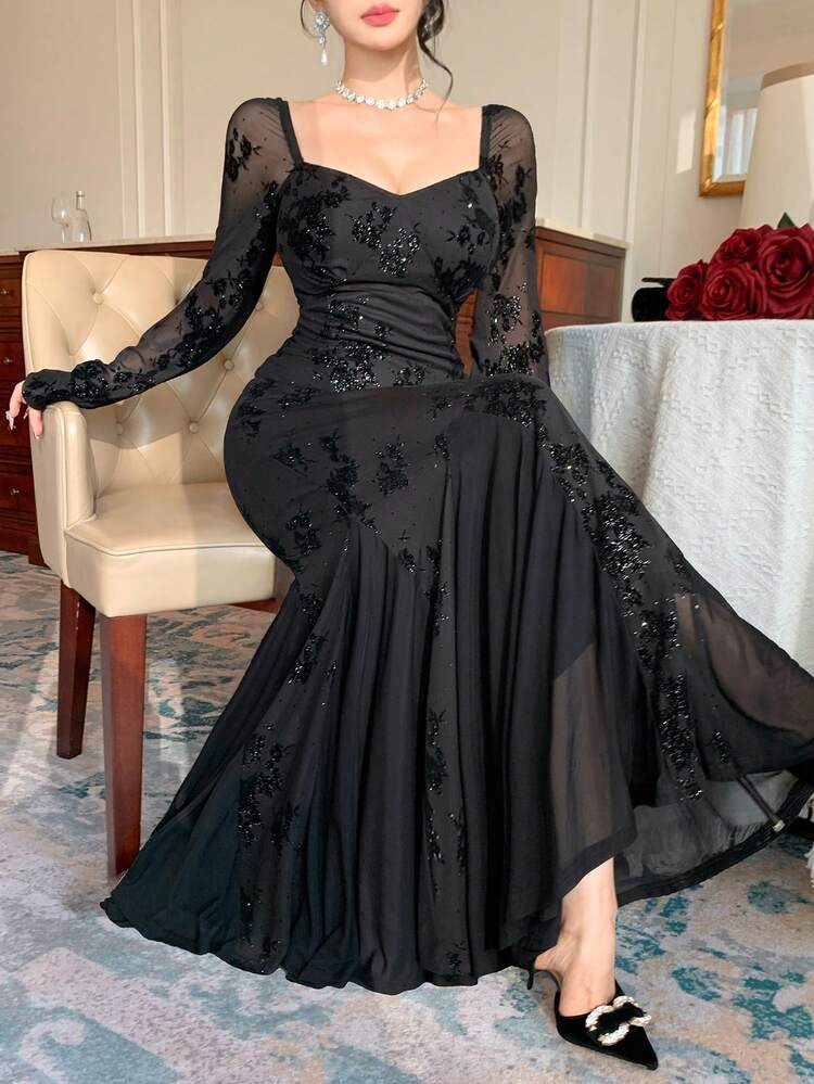 Women's Square Neck Elegant Flocked Floral Long Sleeve Fitted Mermaid Dress, Suitable For Formal Events