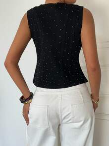 Aloruh Women's Rhinestone Embellished Round Neck Single-Breasted Casual Denim Vest,Summer,Valentine's Day, - Blue - View 2