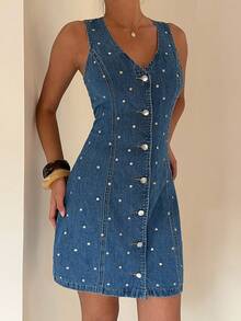 Aloruh Women's Summer Casual Sequin Front Button Denim Dress - Blue - View 1