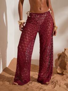 Opulessa Quần nữ dệt kim khoét lỗ, cạp chun, thích hợp cho kỳ nghỉ hè, đi chơi, du lịch, nghỉ mát, đi dự tiệc, lễ hội mùa hè. - Màu Đỏ Sâu - Xem 1