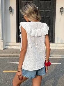 Franclia 时尚按扣半开襟圆领无袖镂空刺绣商务/办公/通勤百搭都市约会派对海滩休闲优雅女式衬衫上衣夏季可爱女式上衣夏季可爱女式衬衫休闲女式上衣优雅法式衬衫 - 白色 - 查看 2