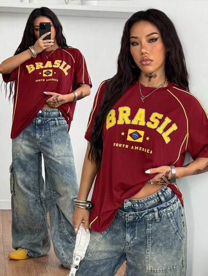 Coolane Women's & Men's Summer Streetwear Y2K Casual Athleisure Sportswear Preppy Letter Printed Color-Blocked Brazil Short Sleeve Red T-Shirt