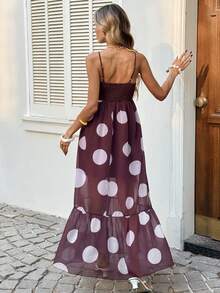 SHEIN Holidaya Women's Olive Green Polka Dot Print Elegant Dress With Spaghetti Straps - Brown - View 2