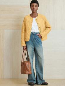 Aveloria Modichic 女士口袋装饰休闲宽松圆领长袖棉服外套 - 黃色 - 查看 4