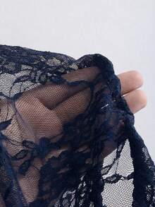 SHEIN Glamour 女士纯色打结薄纱蕾丝长袖衬衫 - 藍色 - 查看 8