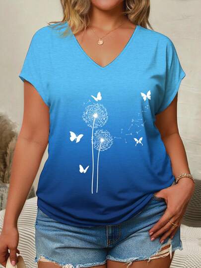 EMERY ROSE Plus Size Women's Summer Floral V-Neck Batwing Sleeve Top, Comfortable Casual Vacation Blouse, Dandelion Blue Ombre, Plus Size T-Shirt