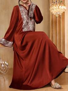 SHEIN Najma Elegant Pearl Embellished Fabric Patchwork Satin Long Sleeve Maxi Dress, Turkish & Arabic Traditional Abaya - Rust Brown - View 1