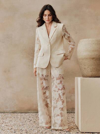 Anewsta 复古刺绣薄纱翻领长袖西装外套 + 高腰飘逸薄纱长裤 女士套装 女士西装 女士夏季套装 女士套装