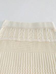 Breezaya New Spring/Summer European & American Style Beige Minimalist Cinched Waist Soft & Elegant Knit Top And Hollow Design Skirt Two Pieces Set, Versatile For Commuting, Business Meetings, Luxury Evening Events - Beige - View 3