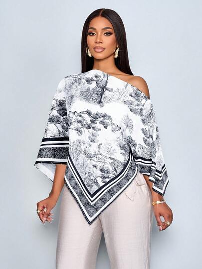 SOLERSUN Women's Black And White Elegant Tea Party Blouse,Vintage Sunset Holiday Print Asymmetric Neck Batwing Sleeve Asymmetrical Hem Tops,Summer Versatile