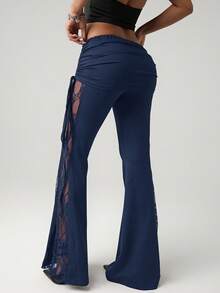 SHEIN ICON Women's Black Lace Side Splice Waist Drawstring Flare Pants, Sexy & Vacation Style - Navy Blue - View 2