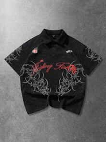 ROMWE MEN Goth 男士Polo衫，每日街头美式风格仿雪花和荆棘印花短袖Polo衫 - 黑色 - 查看 3