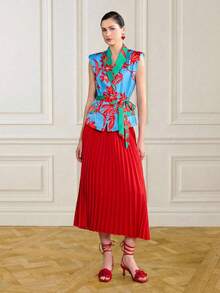 LOTSLUV Women's Blue, Green, Red Tropical Floral Placement Print, V-Neck Sleeveless Cinched Waist Padded Shoulder, Printed Jacket - Blue - View 3