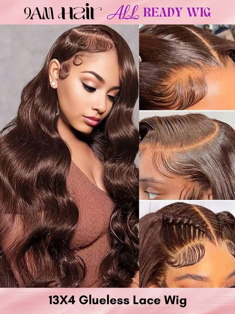 ALL READY WIG Tóc giả phía trước không keo màu nâu sô cô la 26 inch Tóc thật 180 mật độ 13x4 Sóng cơ thể Tóc giả không keo Tóc thật được nhổ sẵn Tóc giả phía trước màu Tóc giả màu nâu tóc thật Tóc giả tóc thật cho phụ nữ - S4 - Xem 1