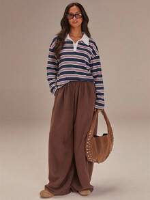 Athîral 女士休闲条纹衬衫，领子拼接长袖，适合春季和情人节穿着 - 寶藍色 - 查看 2