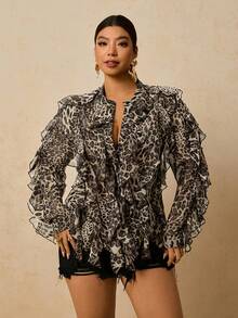 Travachic Plus Size Women Chiffon Leopard Print Long Sleeve Blouse, Leopard Print Ruffle Hem Shirt - Grey - View 3