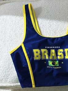 Swim Vcay 女士夏季沙滩休闲度假巴西字母印花泳衣上衣 - 藏蓝色 - 查看 3