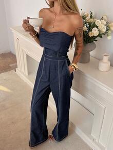 Livesso Women's Denim Jumpsuit With Bandeau Neckline And Waist Cinching Detail - Blue - View 1