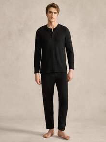 EverLounge Conjunto de pijama de manga larga con cuello henley y rayas de color negro sólido para hombre - Negro - Ver 3