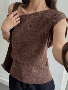 DAZY Women's Fashionable Casual Oblique Shoulder Knit T-Shirt - Brown - View 6