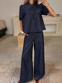 Livesso Spring & Summer Loose Casual Raw Denim Shirt And Wide Leg Jeans Set, Women's Old Money Luxury Denim Outfit - Blue - View 5