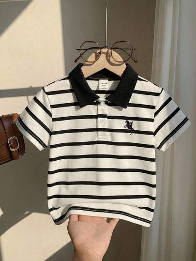 LMoss Kids Boys' Comfortable Versatile Loose Fit Fashionable Korean Style Simple Blue & White Striped Knit Polo Shirt Short Sleeve Top, Suitable For Spring/Summer, Daily Life, Sports, School, Gatherings, Holidays, Performances, Photography, Back To School Season And Other Occasions