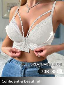 DesireSculpt 1pc Lace Front Closure Wireless Bra For Women - White - View 3