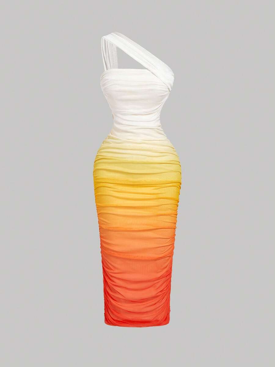 SHEIN MOD 渐变色褶皱肩部修身中长网纱连衣裙 - 黃色 - 查看 1